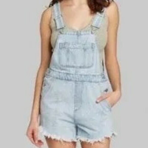 Wild fable denim short distressed / frayed overalls - romper - Picture 2 of 16